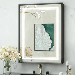 Recessed Medicine Cabinet Mirror with Lights – Tempered Glass, 3-Color Stepless Dimmable LED, Defogger & Electrical Outlets – Modern Mirrored Cabinet with Storage for Bathroom, Restroom
