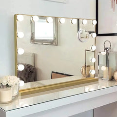 Vanity Mirror with Lights – 15 USB Dimmable Bulbs, 3-Color Modes, Charging Port, Metal Frame, Wooden Base, Hollywood Style Lighted Makeup Mirror with Touch Control