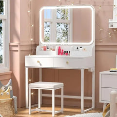 Vanity Desk with Mirror and Lights – LED Makeup Vanity Table Set with Chair, 2 Drawers, 2 Trays, Power Outlet, CRI>90, 7000 Lux Lighted Mirror for Dressing Room or Bedroom