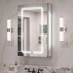 Medicine Cabinet with LED Mirror – Anti-Fog Tempered Glass, 3-Color Stepless Dimming, CRI 80+, Memory Function – Surface Mount Bathroom Cabinet with Storage for Modern Bathrooms