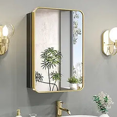 Bathroom Vanity Medicine Cabinet with Mirror – Small Brushed Brass, Stainless Steel Frame, Rounded Rectangle, Adjustable Shelves, Recessed or Surface Mount for Modern Bathroom Storage