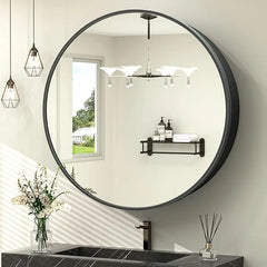 Round Bathroom Medicine Cabinet with Mirror – Metal Framed, Circular Farmhouse Design – Surface Mount Only – Small Wall-Mounted Vanity Mirror for Bathroom Storage and Stylish Decor