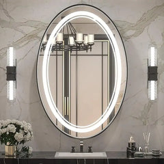 Dimmable LED Oval Mirror – Framed Frontlit Vanity Mirror for Bathroom, Bed room, Living room with 3 Color Options, CRI 90+, Wall-Mounted Illuminated Lighted Mirror for Modern Bathroom Décor