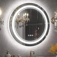 LED Round Bathroom Vanity Mirror – Front & Backlit Vanity Mirror with Double Light Strip, 3-Color Dimmable, CRI 90+, Anti-Fog, Memory Function, Wall-Mount Makeup Mirror for Bathroom Decor