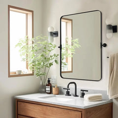 Pivot Rectangle Metal Framed Vanity Mirror – Modern Farmhouse Adjustable Tilting, Beveled Rounded Corner, Rectangular Wall Mirror, Horizontal/Vertical Mount for Bathroom