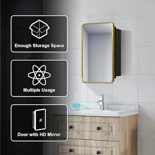 Bathroom Medicine Cabinet with Mirror, Brushed Brass Finish, Stainless Steel Frame, Stepless Adjustable Shelves, Recessed or Surface Mount