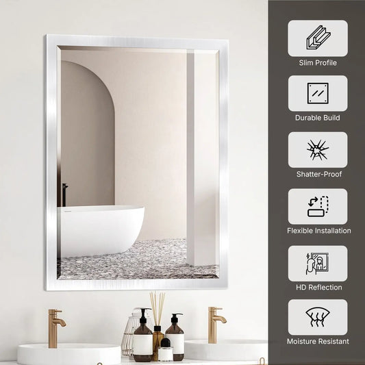 30 x 40 Brushed Nickel Bathroom Mirror – Modern Rectangular Wall Mirror for Vanity