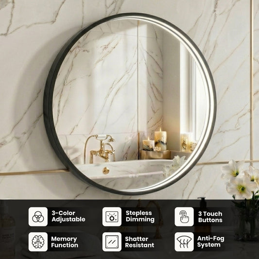 LED Round Bathroom Mirror –Anti-Fog, Dimmable, 3 Color Modes, Modern Design