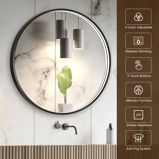 LED Round Bathroom Mirror – 3 Color Modes, Dimmable, Anti-Fog, Modern Design