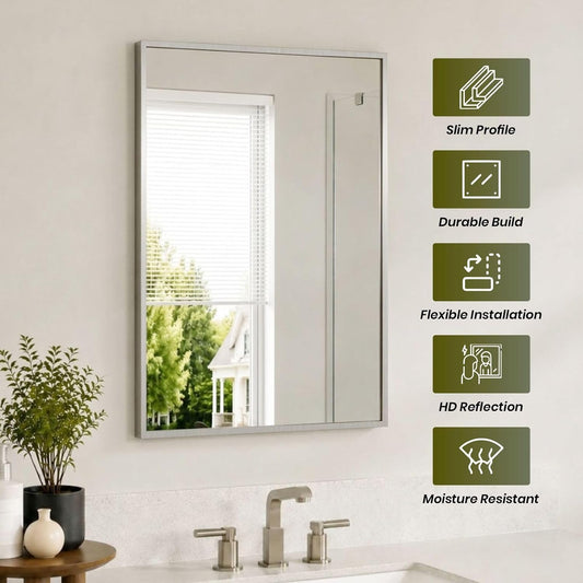 22x34 Brushed Nickel Bathroom Rectangular Mirror – Stylish Polished Nickel Wall Vanity Mirror
