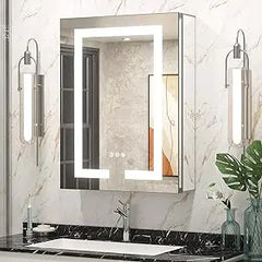 Bathroom Vanity Mirror with Storage – 2-Side Frontlit Recessed Medicine Cabinet with LED Lights, 3 Color Dimmable Options – Mirror with Outlet & Defogger for Modern Bathroom, Interior Decor and Entryway