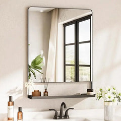 Metal Framed Vanity Mirror with Shelf – Rounded Rectangle Wall Mirror, Functional & Stylish for Bathroom, Farmhouse, Living Room, or Bedroom, Perfect Accent Piece for Modern Home Décor.