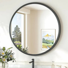 Round Framed Bathroom Mirror – Modern Shatterproof Circle Wall Mirror for Vanity, Ideal for Farmhouse Bathrooms, Bedrooms, Entryways, or Living Rooms, Stylish Accent for Any Interior Décor.
