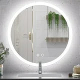 LED Round Framed Mirror with Front Lights with 3 Color Options, CRI 90+ – Dimmable Wall-Mounted Vanity Mirror for Bathroom, Living Room, or Bedroom – Frontlit Illuminated Modern Home Décor