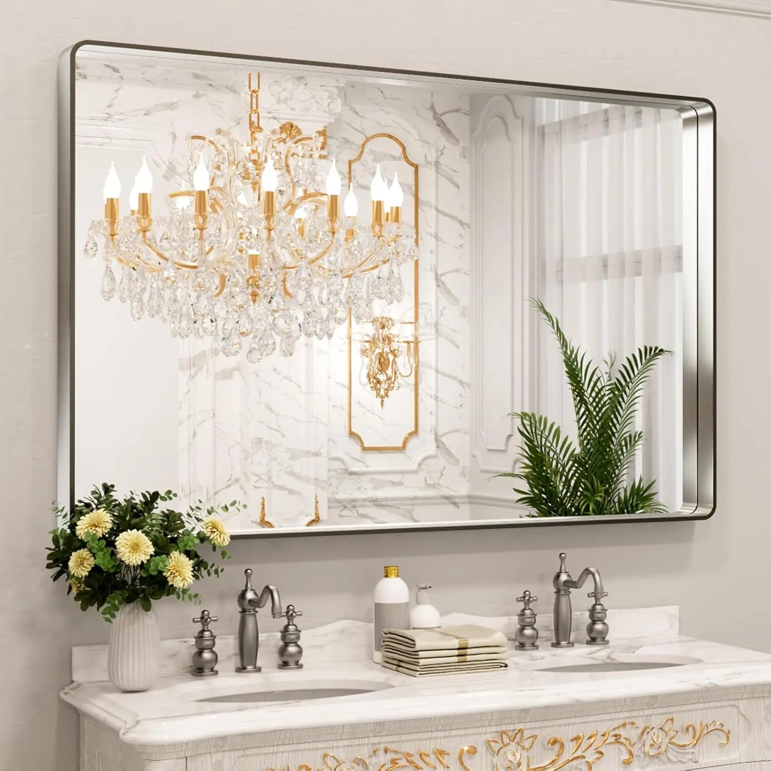 Aluminum Framed Bathroom Vanity Mirror – HD Tempered Glass Wall-Mounted Design, Ideal for Over-the-Sink Use, Supports Horizontal/Vertical Installation for Modern Décor