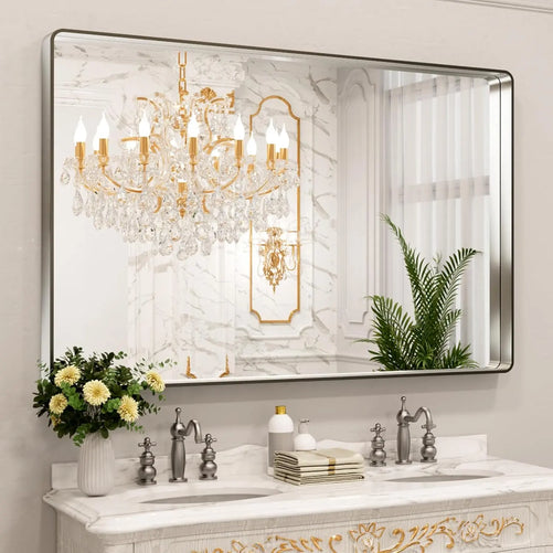 Aluminum Framed Bathroom Vanity Mirror – HD Tempered Glass Wall-Mounted Design, Ideal for Over-the-Sink Use, Supports Horizontal/Vertical Installation for Modern Décor