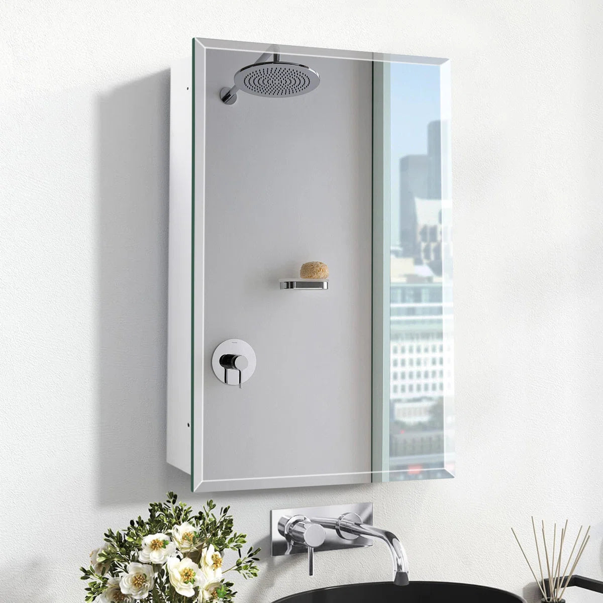 Bathroom or Vanity Medicine Cabinet with Single Door – Frameless Beveled Mirror, Rectangular Wall-Mounted Cabinet for Bathroom, Toilet, or Kitchen, Recessed/Surface Mount