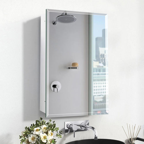 Bathroom or Vanity Medicine Cabinet with Single Door – Frameless Beveled Mirror, Rectangular Wall-Mounted Cabinet for Bathroom, Toilet, or Kitchen, Recessed/Surface Mount
