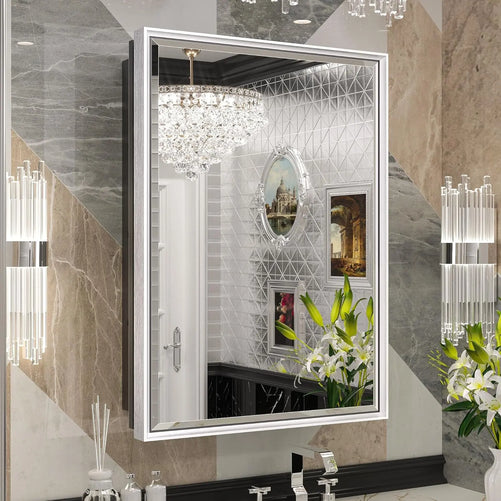 Modern Bathroom Vanity Mirror with Storage – Beveled Metal Frame, Aluminum Alloy Medicine Cabinet with Adjustable Shelves – Ideal for Bathroom, Living room Organization and Stylish Décor