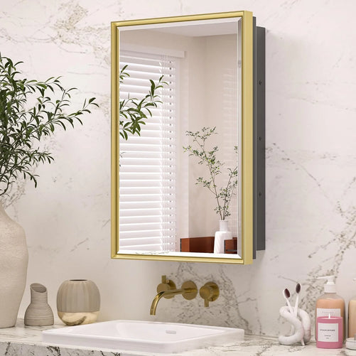 Modern Bathroom Vanity Mirror with Storage – Beveled Metal Frame, Aluminum Alloy Medicine Cabinet with Adjustable Shelves – Ideal for Bathroom, Living room Organization and Stylish Décor