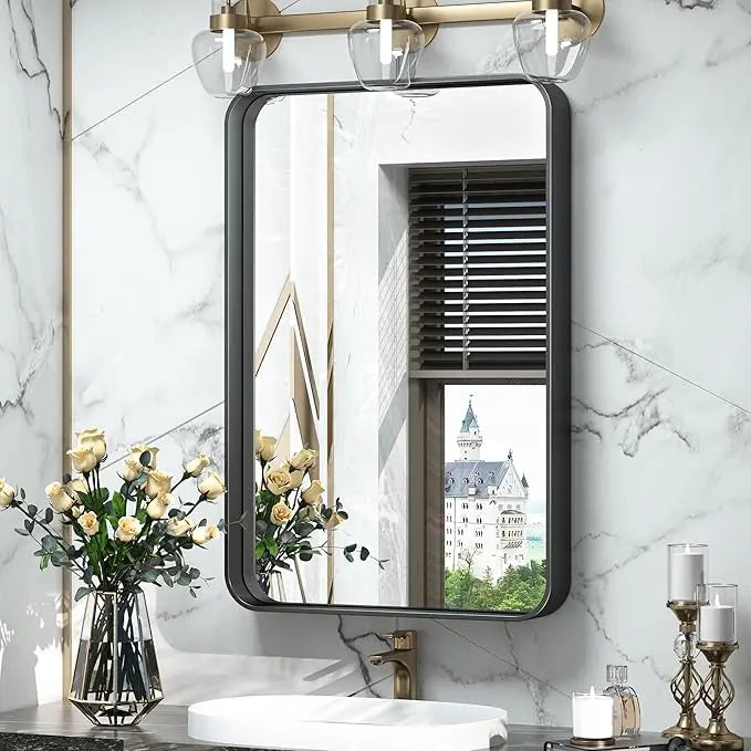 Framed Bathroom Wall Mirror with Non-Rusting Aluminum Alloy in Brushed Metal Finish – Stylish Modern Farmhouse Design for Bedroom, Living Room, or Bathroom