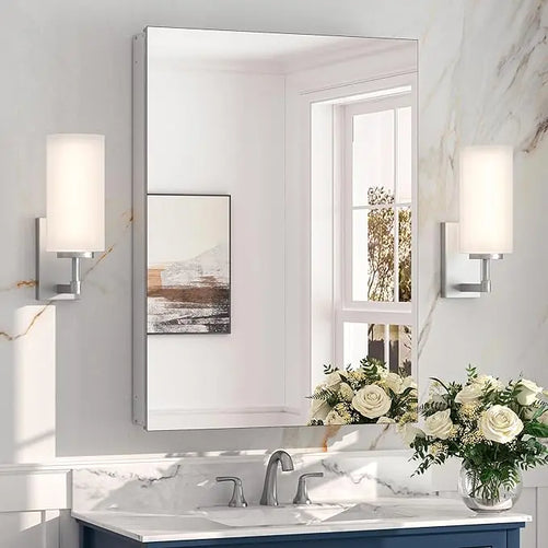 Sleek Medicine Cabinet Mirror with Storage – Aluminum, Tempered Glass, Adjustable Shelves, Surface Mount/Recessed – Modern Farmhouse Style for Bathroom Vanity, Bedroom, and More