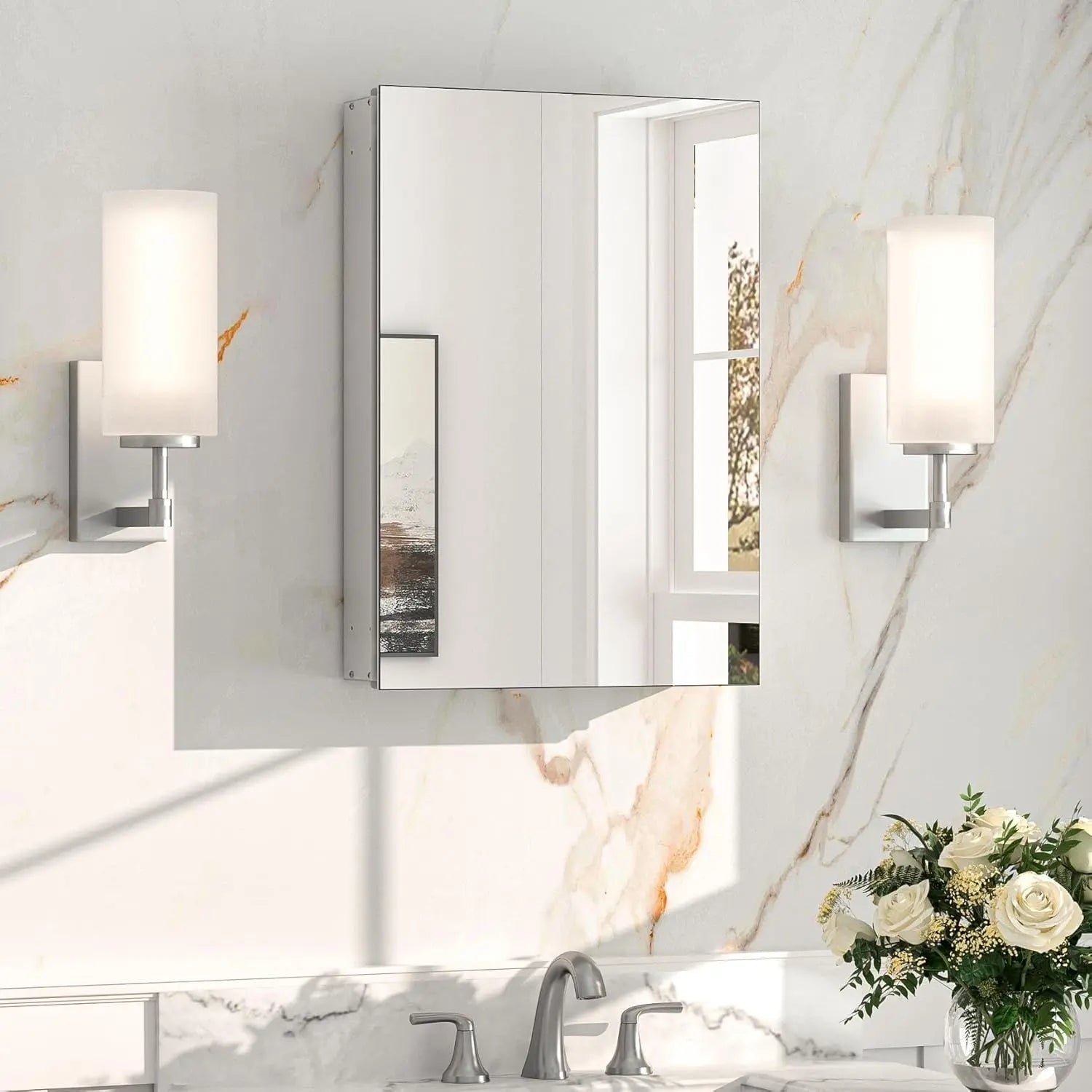 Sleek Medicine Cabinet Mirror with Storage – Aluminum, Tempered Glass, Adjustable Shelves, Surface Mount/Recessed – Modern Farmhouse Style for Bathroom Vanity, Bedroom, and More