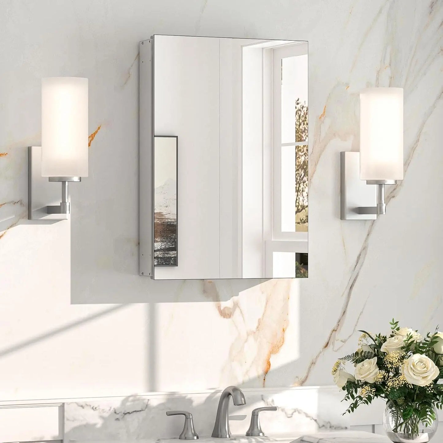 Sleek Medicine Cabinet Mirror with Storage – Aluminum, Tempered Glass, Adjustable Shelves, Surface Mount/Recessed – Modern Farmhouse Style for Bathroom Vanity, Bedroom, and More