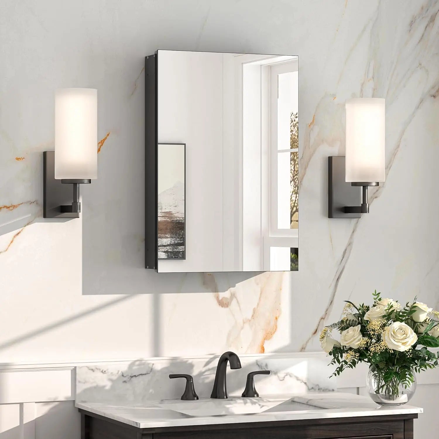 Sleek Medicine Cabinet Mirror with Storage – Aluminum, Tempered Glass, Adjustable Shelves, Surface Mount/Recessed – Modern Farmhouse Style for Bathroom Vanity, Bedroom, and More
