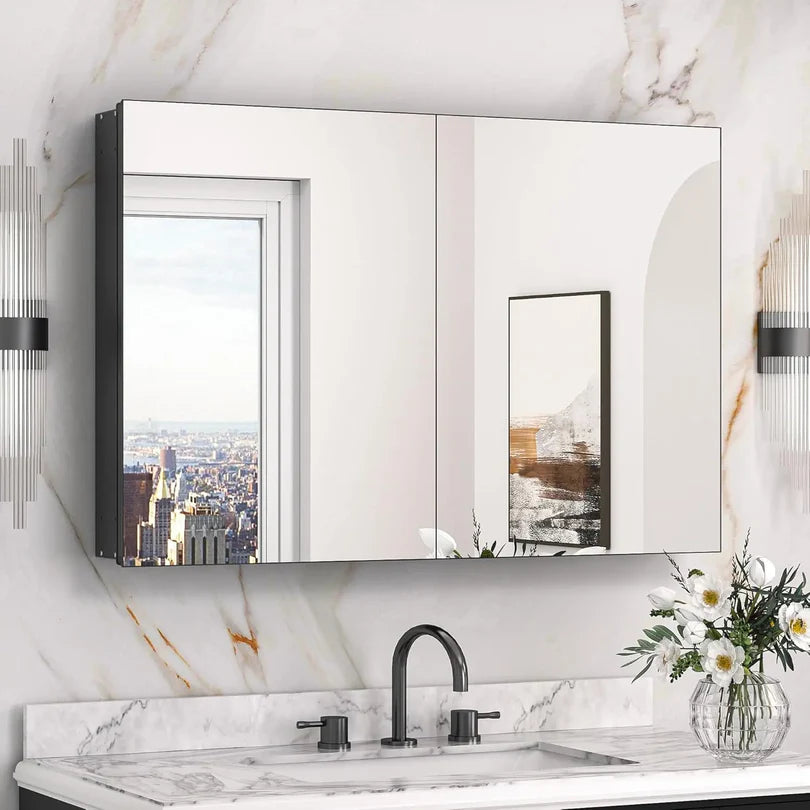 Sleek Medicine Cabinet Mirror with Storage – Aluminum, Tempered Glass, Adjustable Shelves, Surface Mount/Recessed – Modern Farmhouse Style for Bathroom Vanity, Bedroom, and More