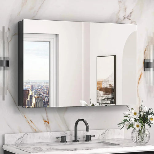 Sleek Medicine Cabinet Mirror with Storage – Aluminum, Tempered Glass, Adjustable Shelves, Surface Mount/Recessed – Modern Farmhouse Style for Bathroom Vanity, Bedroom, and More