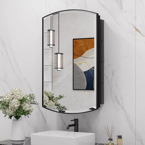 Bathroom Medicine Cabinet with Beveled Mirror – Arched Design, Recessed or Wall-Mounted – Metal Modern Cabinet with Storage – Stylish & Functional Organizer for Bathroom
