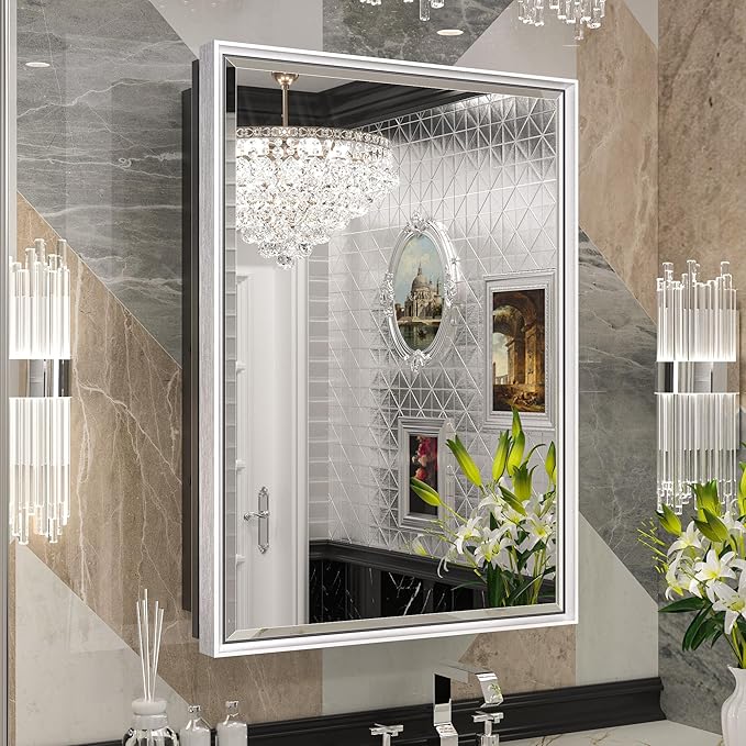 Modern Bathroom Vanity Mirror with Storage – Beveled Metal Frame, Aluminum Alloy Medicine Cabinet with Adjustable Shelves – Ideal for Bathroom, Living room Organization and Stylish Décor