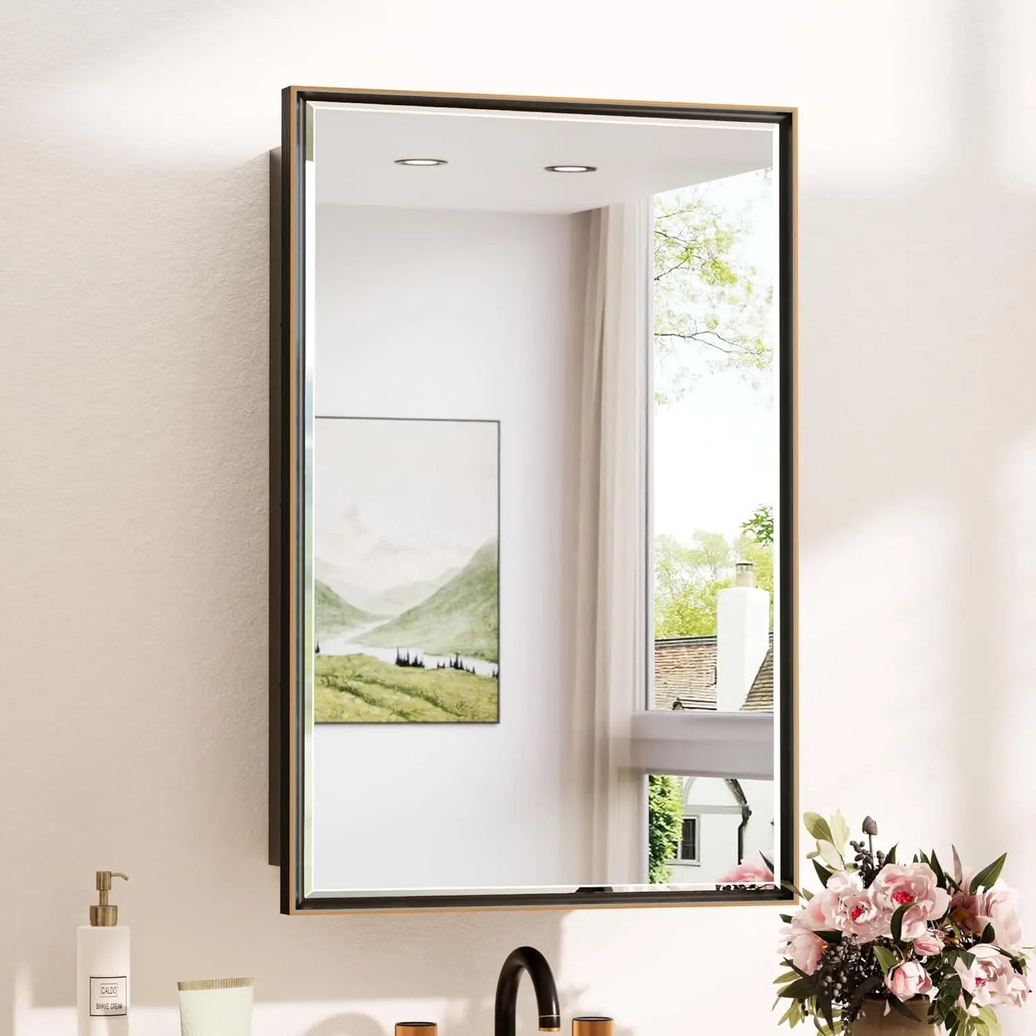 Modern Bathroom Vanity Mirror with Storage – Beveled Metal Frame, Aluminum Alloy Medicine Cabinet with Adjustable Shelves – Ideal for Bathroom, Living room Organization and Stylish Décor