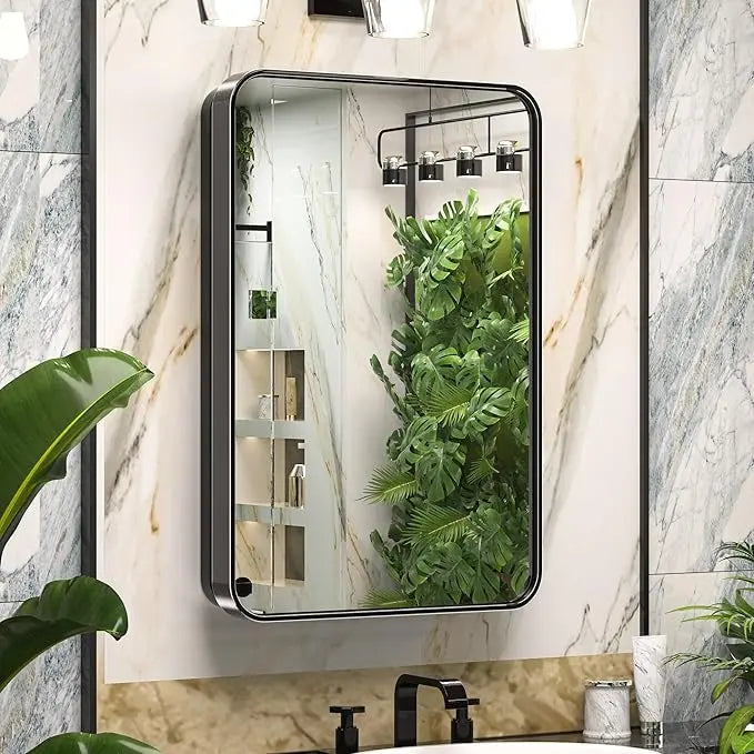 Bathroom Vanity Medicine Cabinet with Mirror – Small Brushed Brass, Stainless Steel Frame, Rounded Rectangle, Adjustable Shelves, Recessed or Surface Mount for Modern Storage