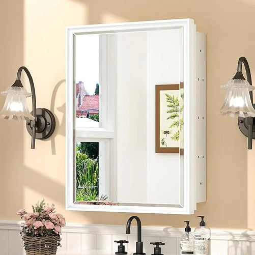 Modern Bathroom Vanity Mirror with Storage – Beveled Metal Frame, Aluminum Alloy Medicine Cabinet with Adjustable Shelves – Ideal for Bathroom, Living room Organization and Stylish Décor