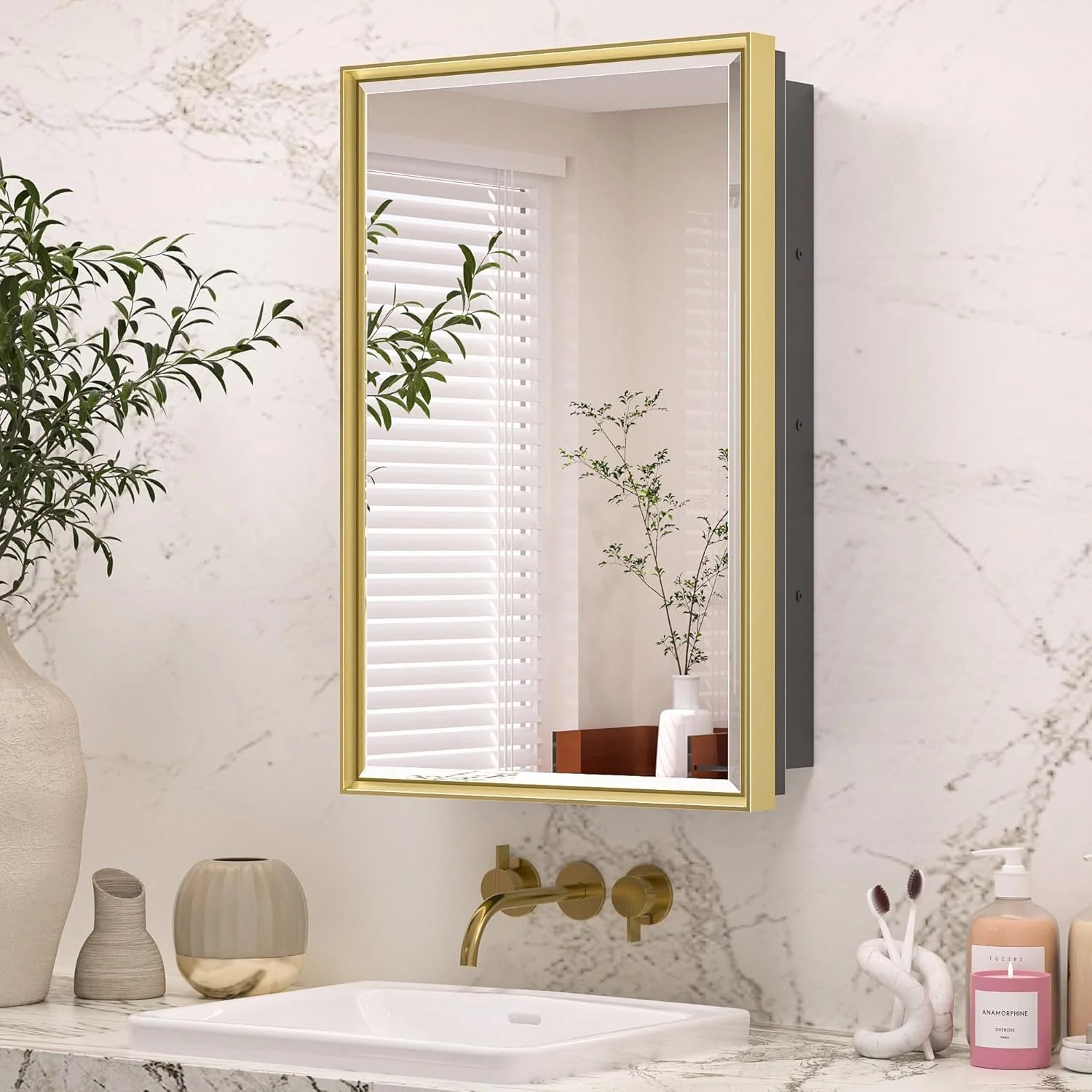 Modern Bathroom Vanity Mirror with Storage – Beveled Metal Frame, Aluminum Alloy Medicine Cabinet with Adjustable Shelves – Ideal for Bathroom, Living room Organization and Stylish Décor
