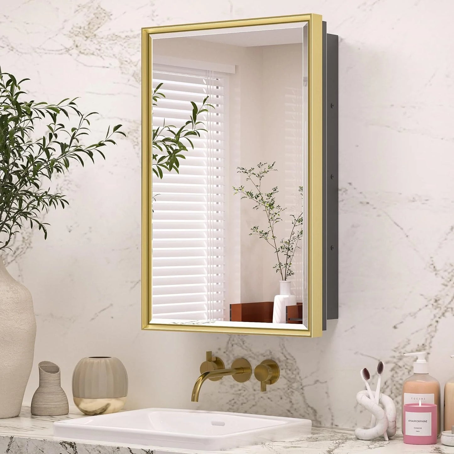 Modern Bathroom Vanity Mirror with Storage – Beveled Metal Frame, Aluminum Alloy Medicine Cabinet with Adjustable Shelves – Ideal for Bathroom, Living room Organization and Stylish Décor