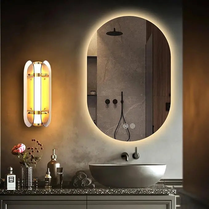 Oval LED Bathroom Vanity Mirror – Wall-Mounted Lighted Mirror with Anti-Fog, Dimmable Brightness, Touch Sensor, Long Design for Makeup, Usable Horizontally or Vertically