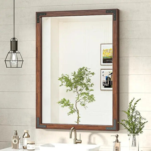 Wood Frame Bathroom Vanity Mirror for Wall – Farmhouse Vanity Mirror for Over Sink, Horizontal/Vertical Mount, Decorative Wooden Mirror for Bathroom, Living Room, Bedroom, Entryway