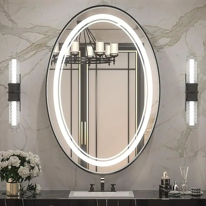 Dimmable LED Oval Mirror – Framed Frontlit Vanity Mirror for Bathroom, Bedroom, Living Room with 3 Color Options, CRI 90+, Wall-Mounted Illuminated Lighted Mirror for Modern