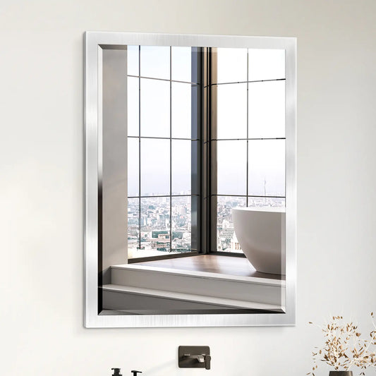 30 x 40 Brushed Nickel Bathroom Mirror – Modern Rectangular Wall Mirror for Vanity