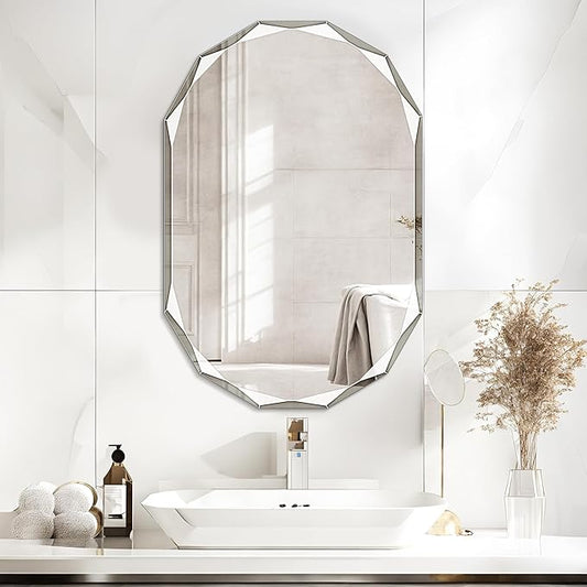 Irregular Frameless Oval Wall Mirror – Beveled Edge Bathroom Vanity Mirror, Shatterproof Modern Decorative Mirror for Living Room, Entryway, Restroom, or Any Indoor Space