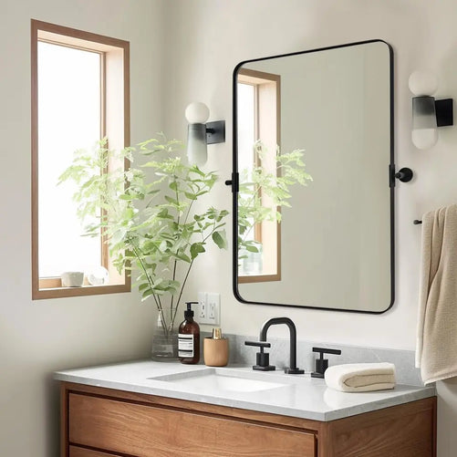 Pivot Rectangle Metal Framed Vanity Mirror – Modern Farmhouse Adjustable Tilting, Beveled Rounded Corner, Rectangular Wall Mirror, Horizontal/Vertical Mount for Bathroom