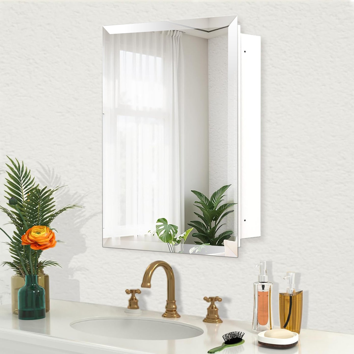 Bathroom or Vanity Medicine Cabinet with Single Door – Frameless Beveled Mirror, Rectangular Wall-Mounted Cabinet for Bathroom, Toilet, or Kitchen, Recessed/Surface Mount