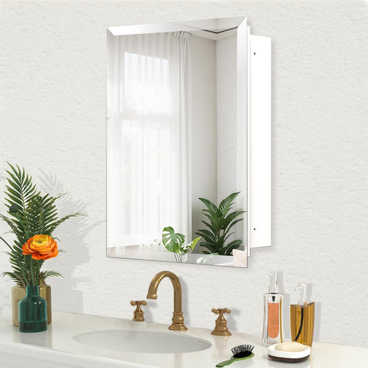 Bathroom or Vanity Medicine Cabinet with Single Door – Frameless Beveled Mirror, Rectangular Wall-Mounted Cabinet for Bathroom, Toilet, or Kitchen, Recessed/Surface Mount