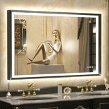 LED Bathroom Vanity Mirror with Frame – Front & Backlit, Aluminum Rectangle, Beveled Edge, 3-Color Stepless Dimmable, Anti-Fog, Memory Function, Wall-Mounted Lighted Mirror