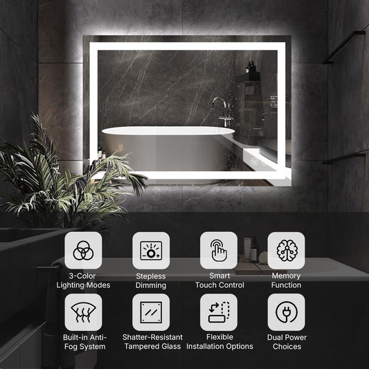LED Bathroom Mirror with Lights – Front and Backlit, Anti-Fog, Shatterproof Tempered Glass, Waterproof, Memory Function, UL Listed – Modern Vanity Mirror for Multi Use