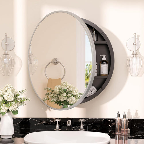 Round Bathroom Medicine Cabinet with Mirror – Metal Framed, Circular Farmhouse Design – Surface Mount Only – Small Wall-Mounted Vanity Mirror for Bathroom Storage & Stylish Décor