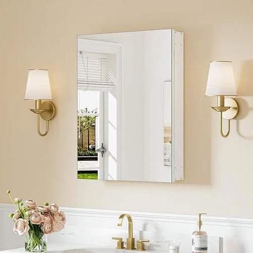 Sleek Medicine Cabinet Mirror with Storage – Aluminum, Tempered Glass, Adjustable Shelves, Surface Mount/Recessed – Modern Farmhouse Style for Bathroom Vanity, Bedroom, and More